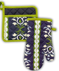 Rosemary Stripe Indigo Oven Mitt and Pot Holder Set