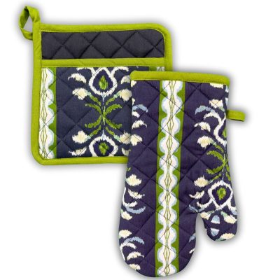 Rosemary Stripe Indigo Oven Mitt and Pot Holder Set