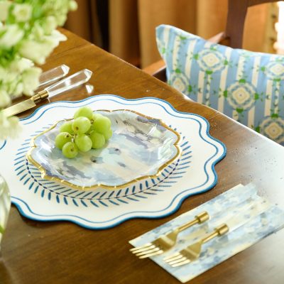 Scalloped Embroidered Feather Placemats - Navy, SumnerEdit (Set of 4)