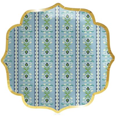 Rosemary Stripe French Blue Scalloped Dinner Paper Plates